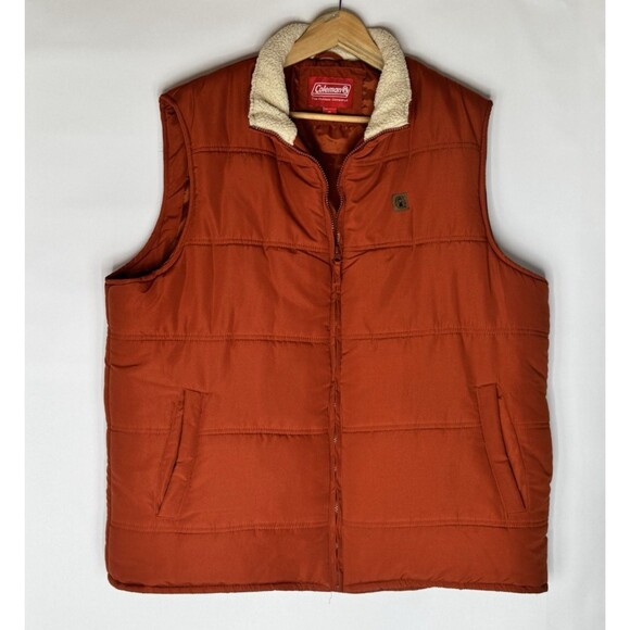 Coleman Mens Sz XL Burnt Orange Quilted Sherpa Puffer Outdoor Hiking Vest Jacket - Picture 2 of 6